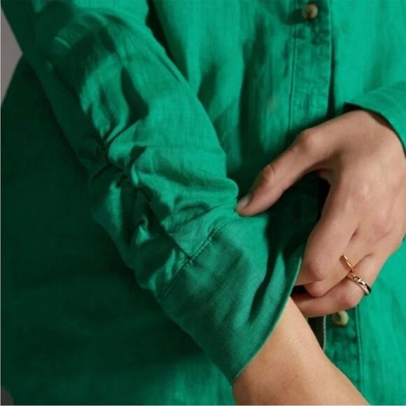 Anthropologie Maeve Linen Buttondown Kelley Green Patch Picket Womens Size S - Picture 3 of 9